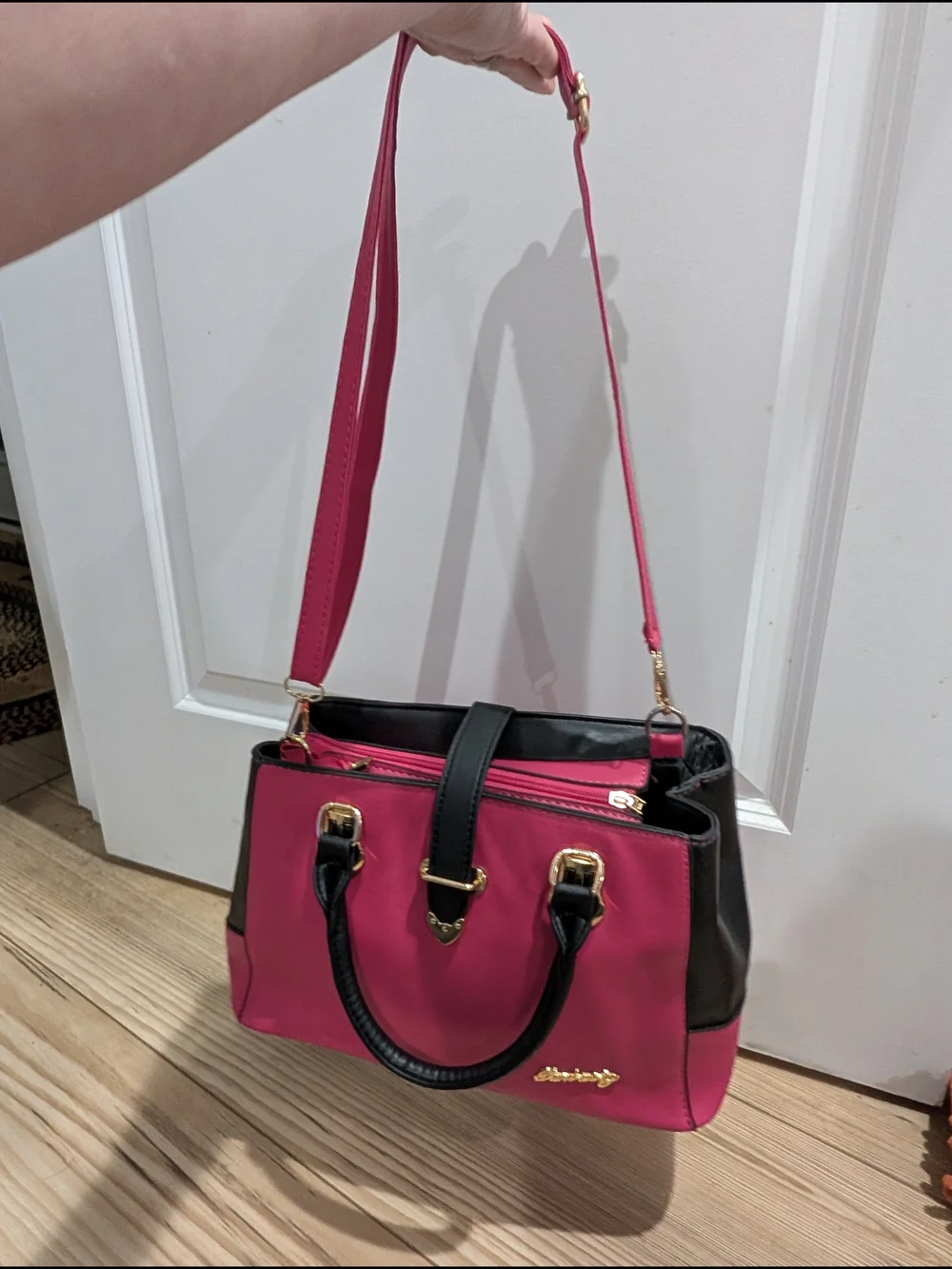 Structured Pink and Black Satchel‎ with Gold Accents